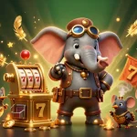 Engage in thrilling gaming action with raja89's golden slots, enhanced by a whimsical steampunk scene.