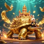 Luck8 casino scene showcasing a golden tortoise, rabbit dealer, and flying coins for thrilling gameplay.