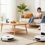 Robot vacuum 2026 actively cleaning a modern living room with family in the background.