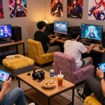 Exciting group gaming session featuring lewdspot visual novels in a cozy lounge