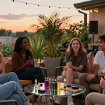 Friends sharing weed pens in a vibrant outdoor lounge at sunset.