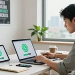 Downloading WhatsApp下載 on various devices in a bright tech workspace.