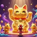 Engage with Đăng ký open88 through this dynamic illustration of a lucky cat and vibrant casino elements.