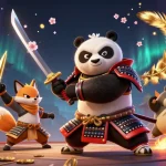 Engage with exciting games at llwin, featuring a dynamic 3D panda samurai amidst casino elements.