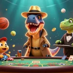 kk5 showcases a cartoon velociraptor card counter at a blackjack table amid dynamic gaming elements.