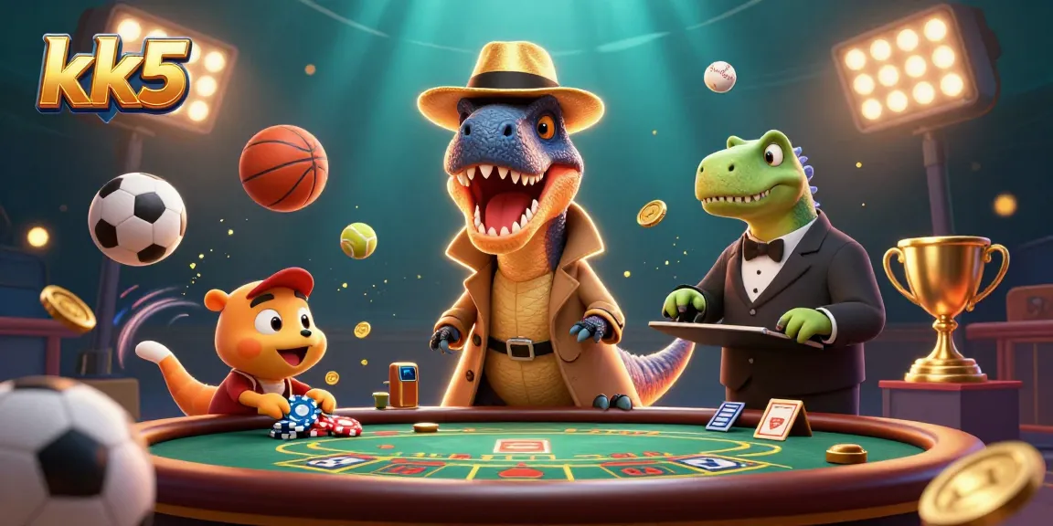 kk5 showcases a cartoon velociraptor card counter at a blackjack table amid dynamic gaming elements.
