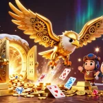 Experience thrilling gameplay with onbet, highlighted by a cybernetic golden eagle amidst a wealth of treasures.