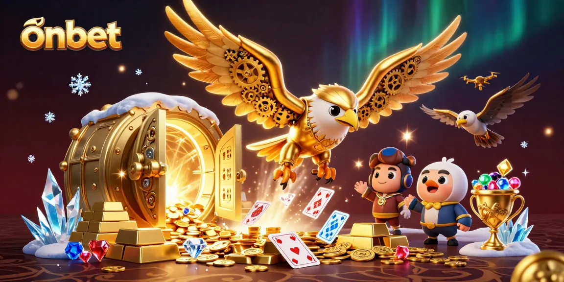 Experience thrilling gameplay with onbet, highlighted by a cybernetic golden eagle amidst a wealth of treasures.