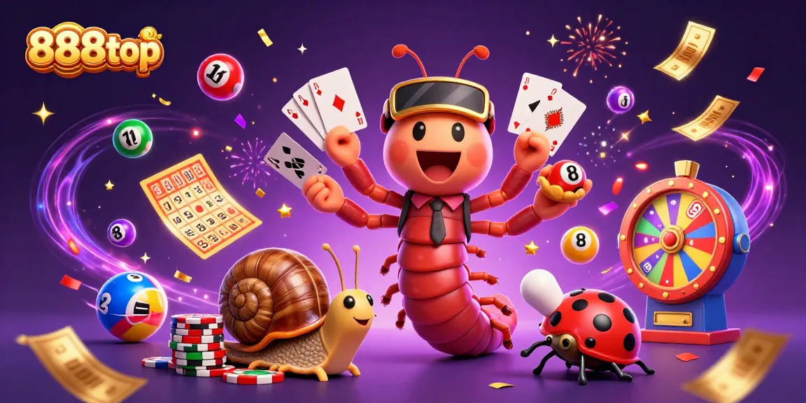 Engage with 888top's vibrant gambling scene featuring a unique millipede dealer and high-stakes action.