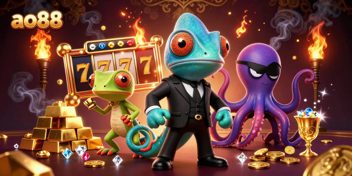 Play exciting slots at ao88 with vibrant illustrations of jackpot reels, colorful gems, and animated characters.