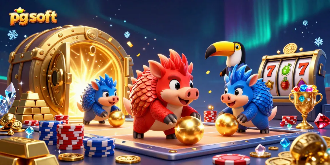 Experience excitement with pg soft as pangolins roll through poker chips and golden treasures in this vibrant scene.
