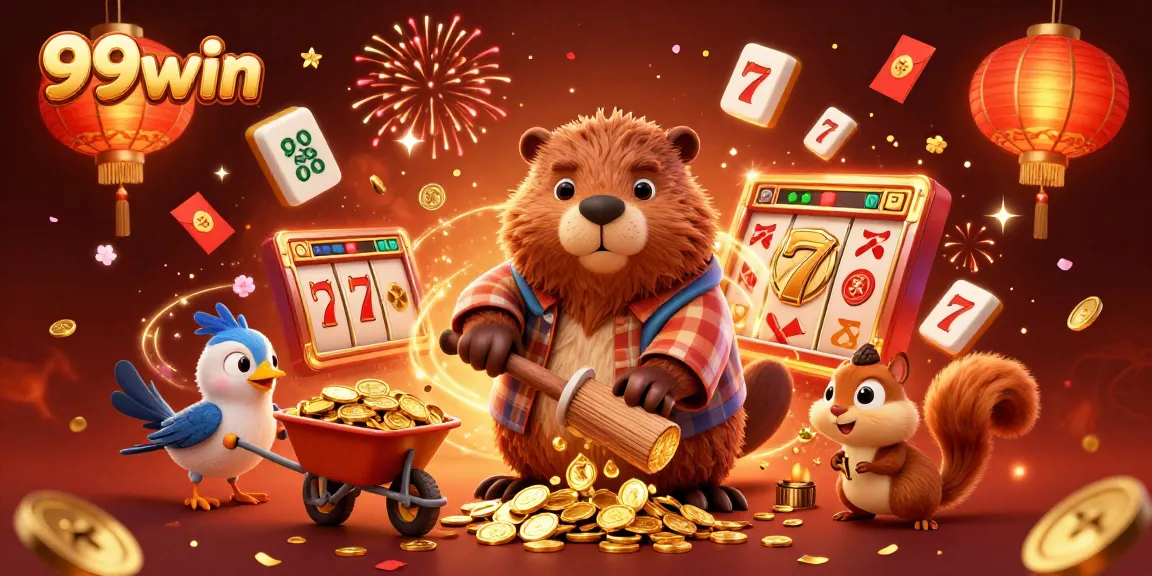 Experience the thrill of 99win as a beaver collects golden coins in a dynamic casino setting.