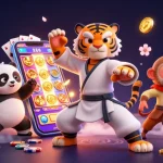 Experience the excitement of tai xiu go88 with a kung fu tiger master, panda disciple, and playful monkey amidst casino elements.