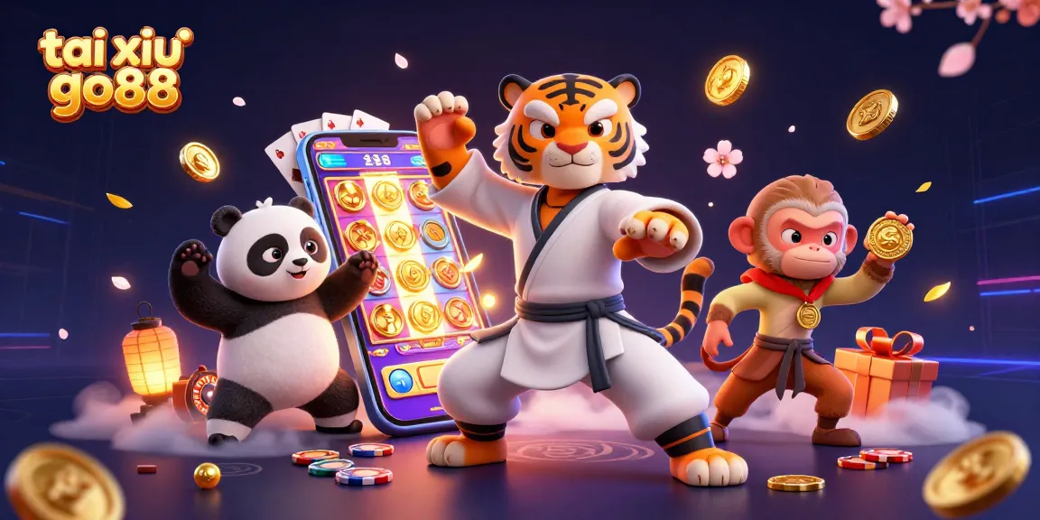 Experience the excitement of tai xiu go88 with a kung fu tiger master, panda disciple, and playful monkey amidst casino elements.