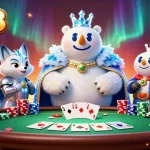 Engage with qs88's thrilling poker scene featuring an ice king and armor-clad snow fox in a dynamic casino atmosphere.
