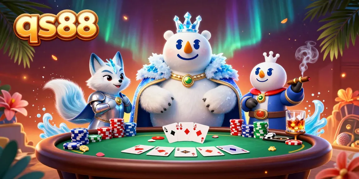 Engage with qs88's thrilling poker scene featuring an ice king and armor-clad snow fox in a dynamic casino atmosphere.