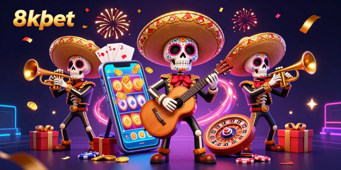 8xbet elevates gambling excitement with vibrant 3D illustration showing a lively mariachi band amidst gaming elements.