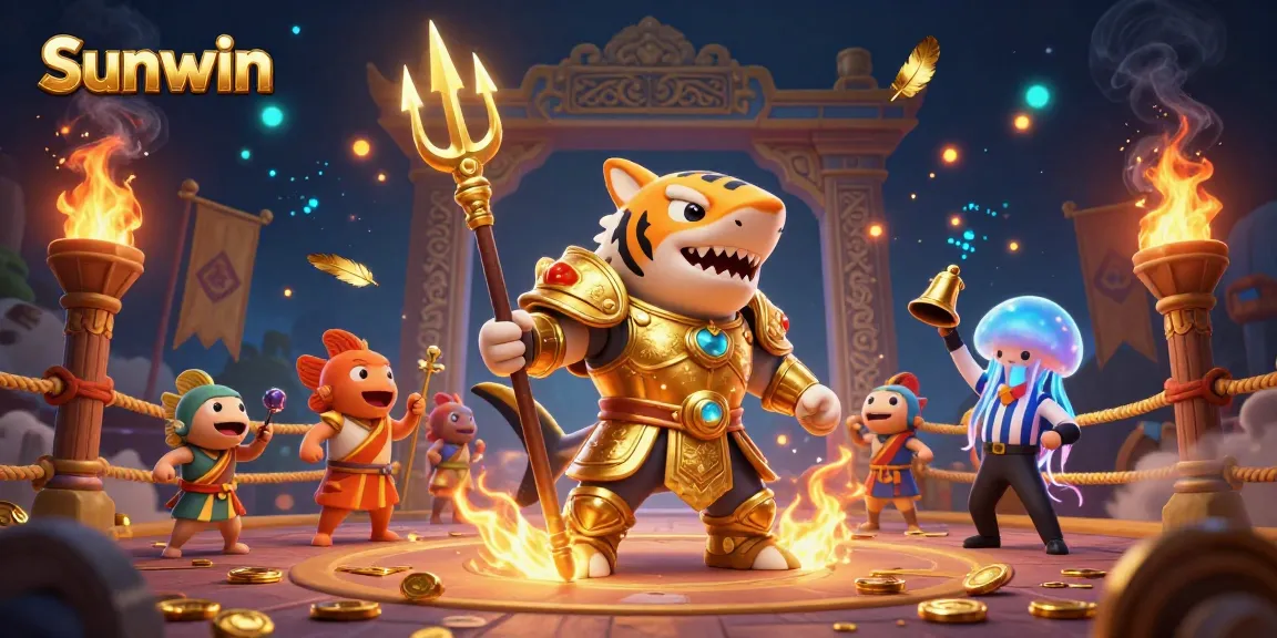 Sunwin enhances the gaming experience with vibrant underwater scenes featuring a tiger shark and cheering fish.
