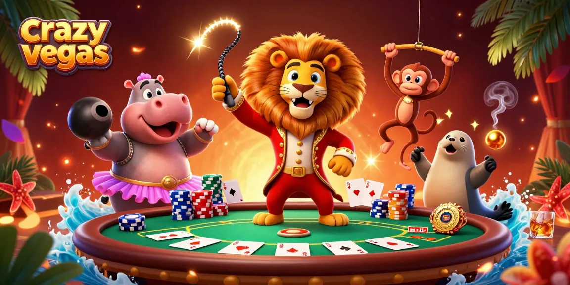 Experience the excitement of crazyvegas with a lively 3D circus scene featuring casino-themed characters and elements.