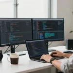 展示快速下载quickq应用程序的开发人员在现代办公室工作的场景
