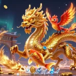 Experience thrilling gameplay at kubet with a dynamic scene featuring a golden dragon, phoenix, and koi fish amidst gambling elements.