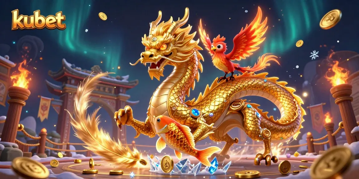 Experience thrilling gameplay at kubet with a dynamic scene featuring a golden dragon, phoenix, and koi fish amidst gambling elements.