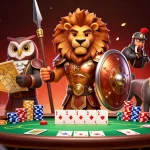 Engage in epic gameplay at 11win with bronze-armored Spartan lion and poker elements.