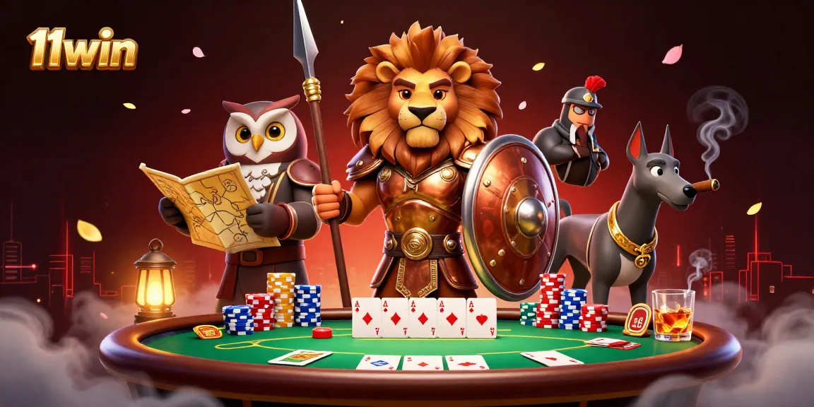 Engage in epic gameplay at 11win with bronze-armored Spartan lion and poker elements.