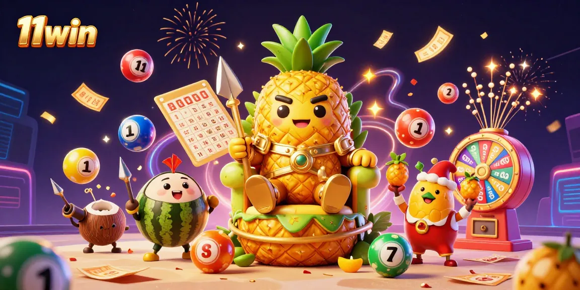 Experience the vibrant energy of 11win with a 3D illustration featuring casino characters celebrating on a beach.
