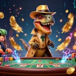 Experience gaming excitement at Lucky88 casino with a dynamic scene of dinosaurs at a blackjack table.
