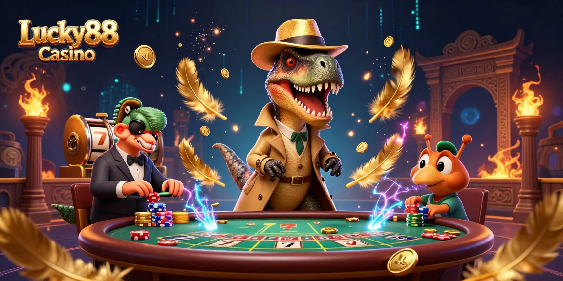 Experience gaming excitement at Lucky88 casino with a dynamic scene of dinosaurs at a blackjack table.