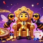 Experience the thrill of 11win with a vibrant casino scene of a bee mob boss amidst golden coins and cards.
