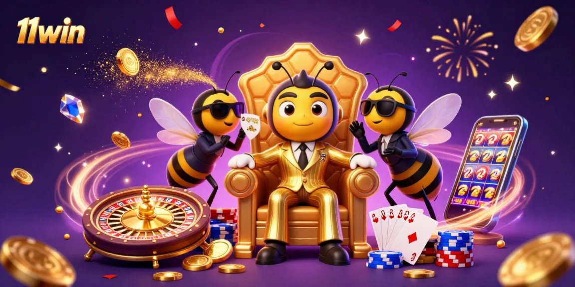 Experience the thrill of 11win with a vibrant casino scene of a bee mob boss amidst golden coins and cards.