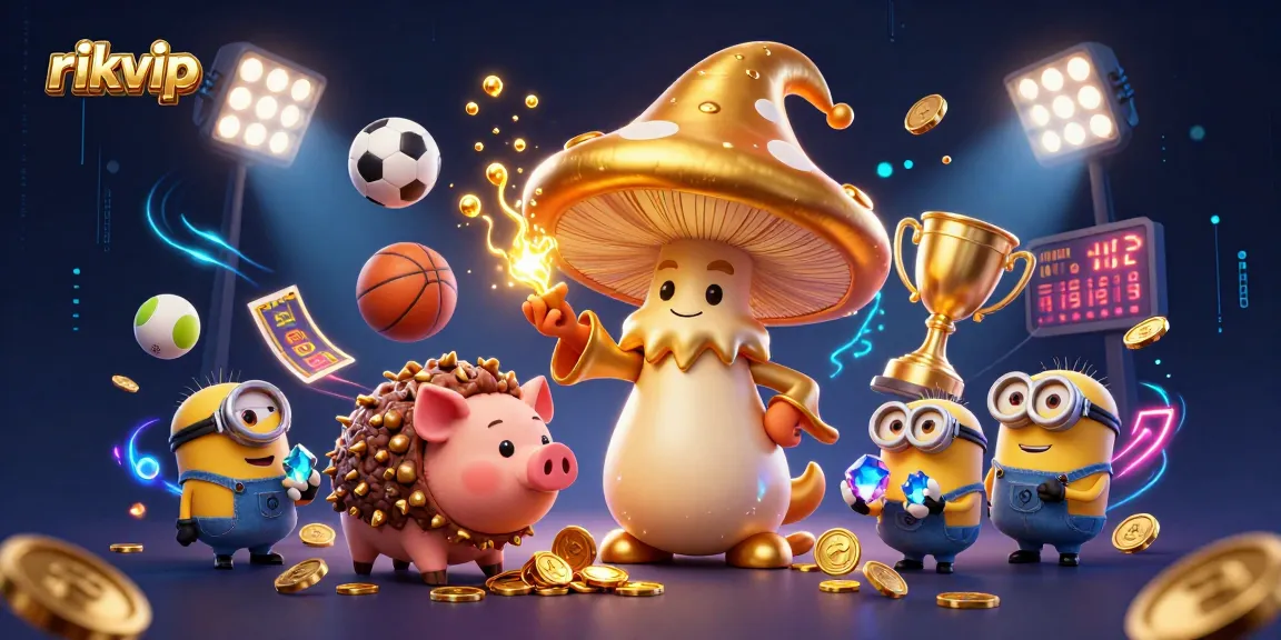 Engage in thrilling gameplay at rikvip with golden elements, sports balls, and a magical scene.