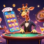 Experience the thrill of 11win with a high-roller giraffe at a poker table surrounded by casino elements.