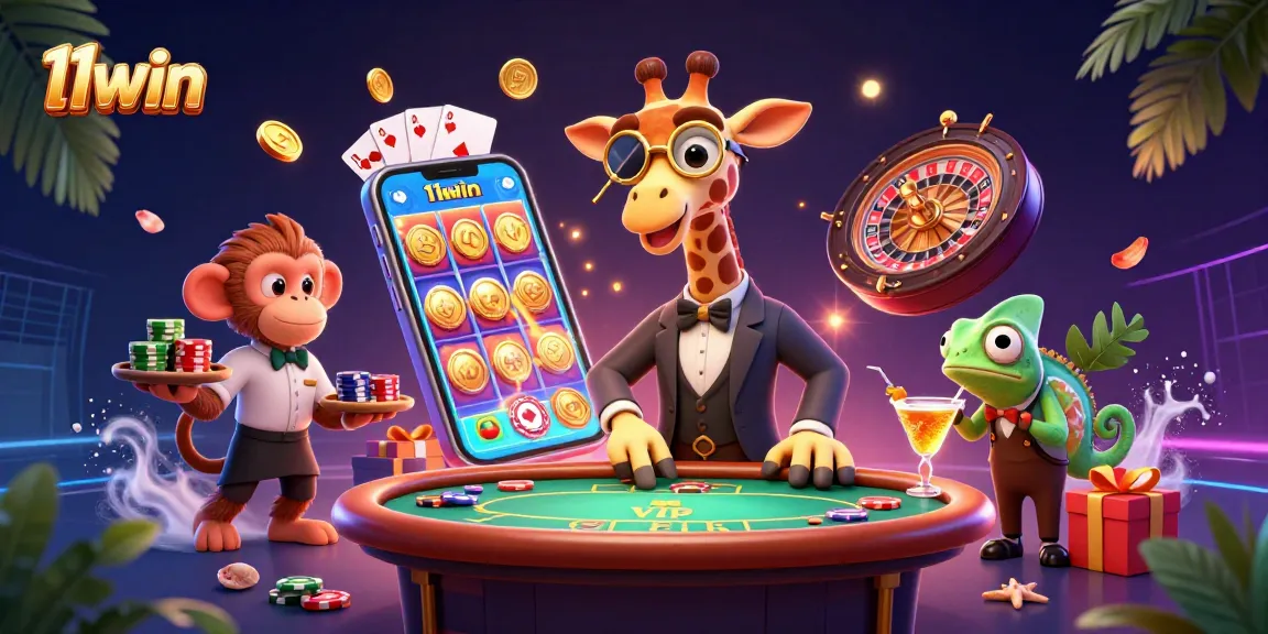 Experience the thrill of 11win with a high-roller giraffe at a poker table surrounded by casino elements.