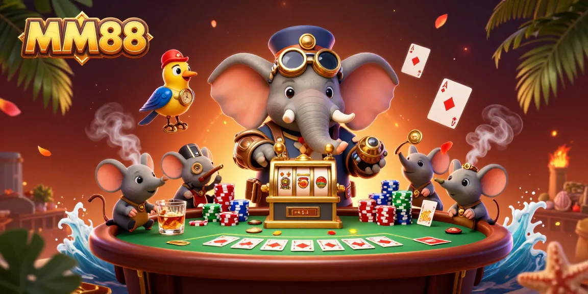 Experience thrilling gameplay at MM88 with stunning visuals of a steampunk elephant engineer and vibrant casino elements.