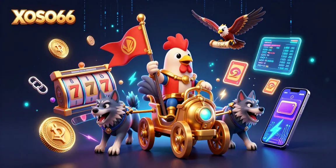 XOSO66 players dive into a thrilling world with slot reels and golden coins, creating excitement.