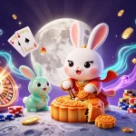 Experience thrilling gameplay with com as a cartoon moon rabbit reveals poker chips and cascading gems.