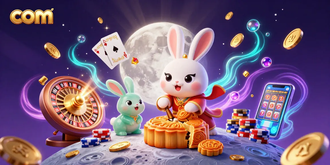 Experience thrilling gameplay with com as a cartoon moon rabbit reveals poker chips and cascading gems.