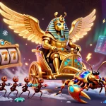 Engage with thrilling games at nhà cái 9win showcasing a colossal scarab and scorpions amidst vibrant cryptocurrency elements.