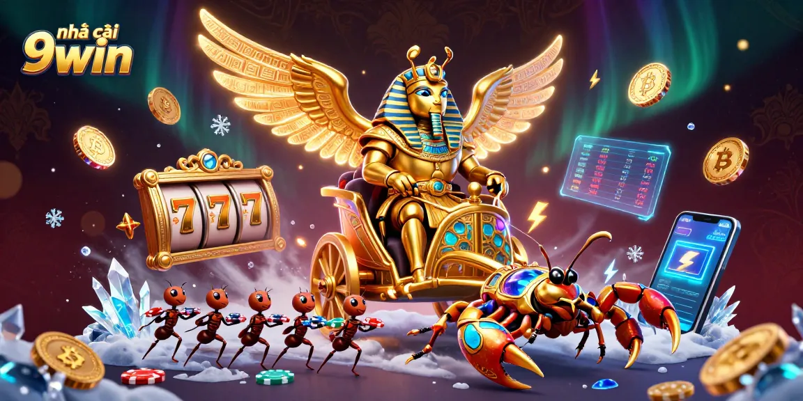 Engage with thrilling games at nhà cái 9win showcasing a colossal scarab and scorpions amidst vibrant cryptocurrency elements.