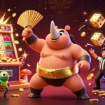 Experience exciting gameplay at JUN88 with a dynamic scene of a sumo beetle champion amidst casino elements.