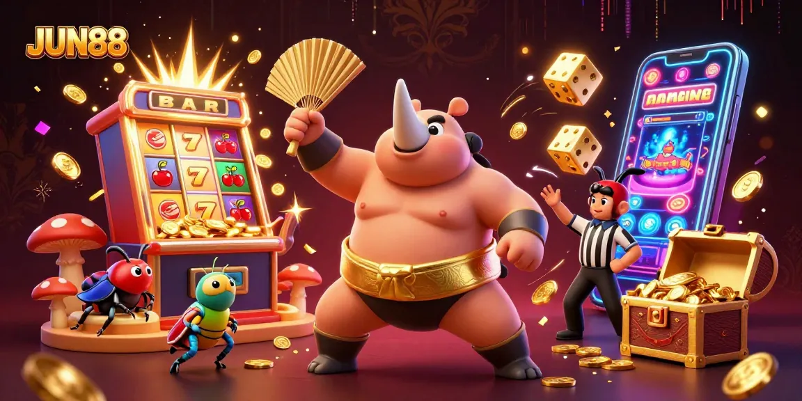 Experience exciting gameplay at JUN88 with a dynamic scene of a sumo beetle champion amidst casino elements.