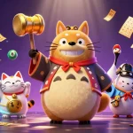 Spin the zbet chance with a lively scene of a cheerful tanuki and maneki-neko fortune cats.
