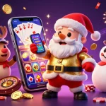 M88 presents a festive casino scene with Santa, reindeer, and a snowman, showcasing exciting slot games.