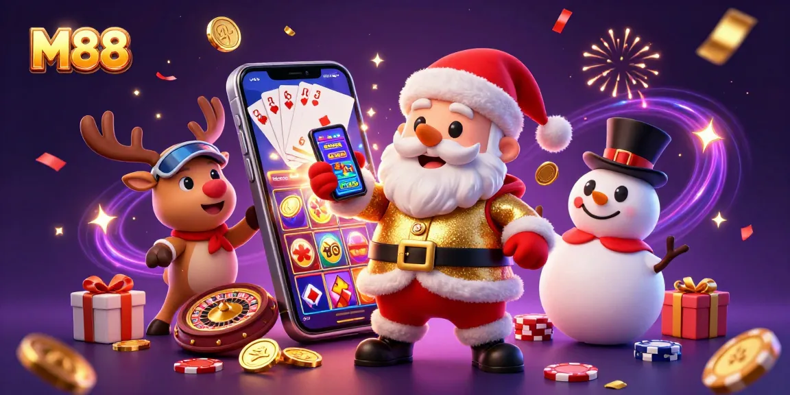 M88 presents a festive casino scene with Santa, reindeer, and a snowman, showcasing exciting slot games.