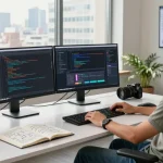 Building internal tools with AI in a vibrant tech workspace filled with screens, notes, and natural light.