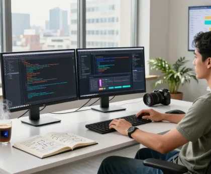 Building internal tools with AI in a vibrant tech workspace filled with screens, notes, and natural light.