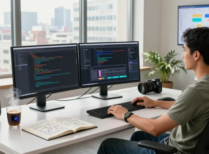 Building internal tools with AI in a vibrant tech workspace filled with screens, notes, and natural light.